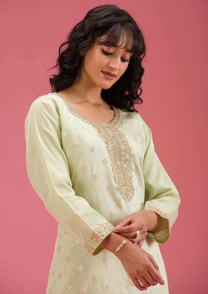 Pista Green Cording Chanderi Readymade Salwar Suit