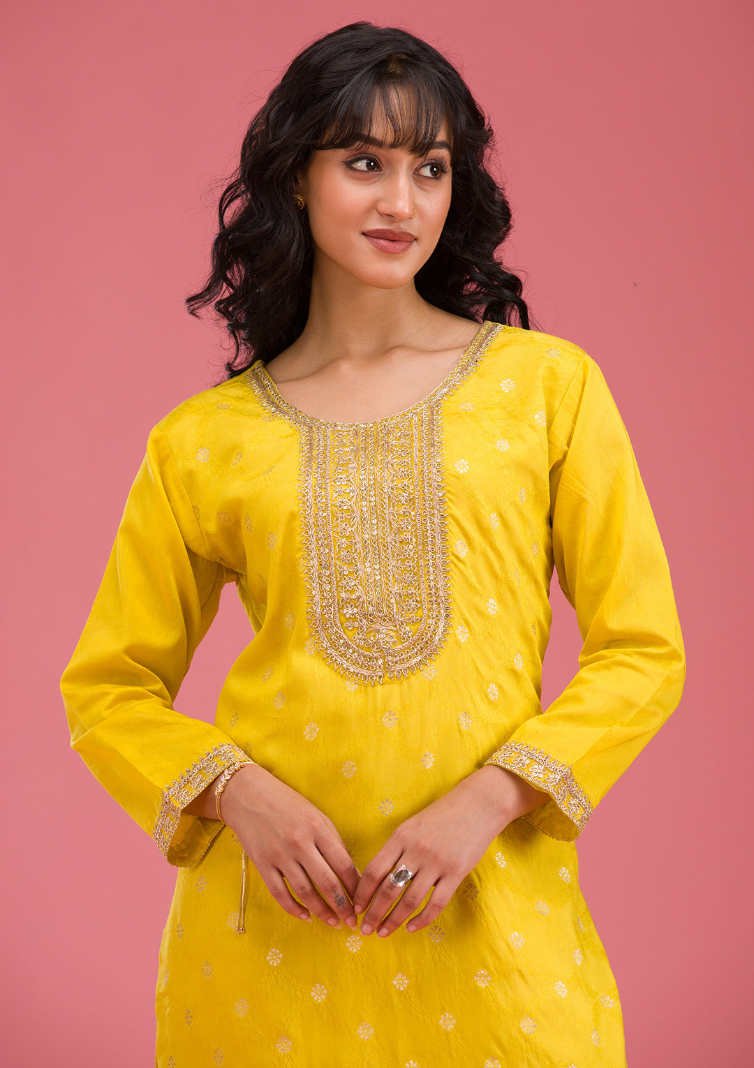 Yellow Cording Chanderi Readymade Salwar Suit