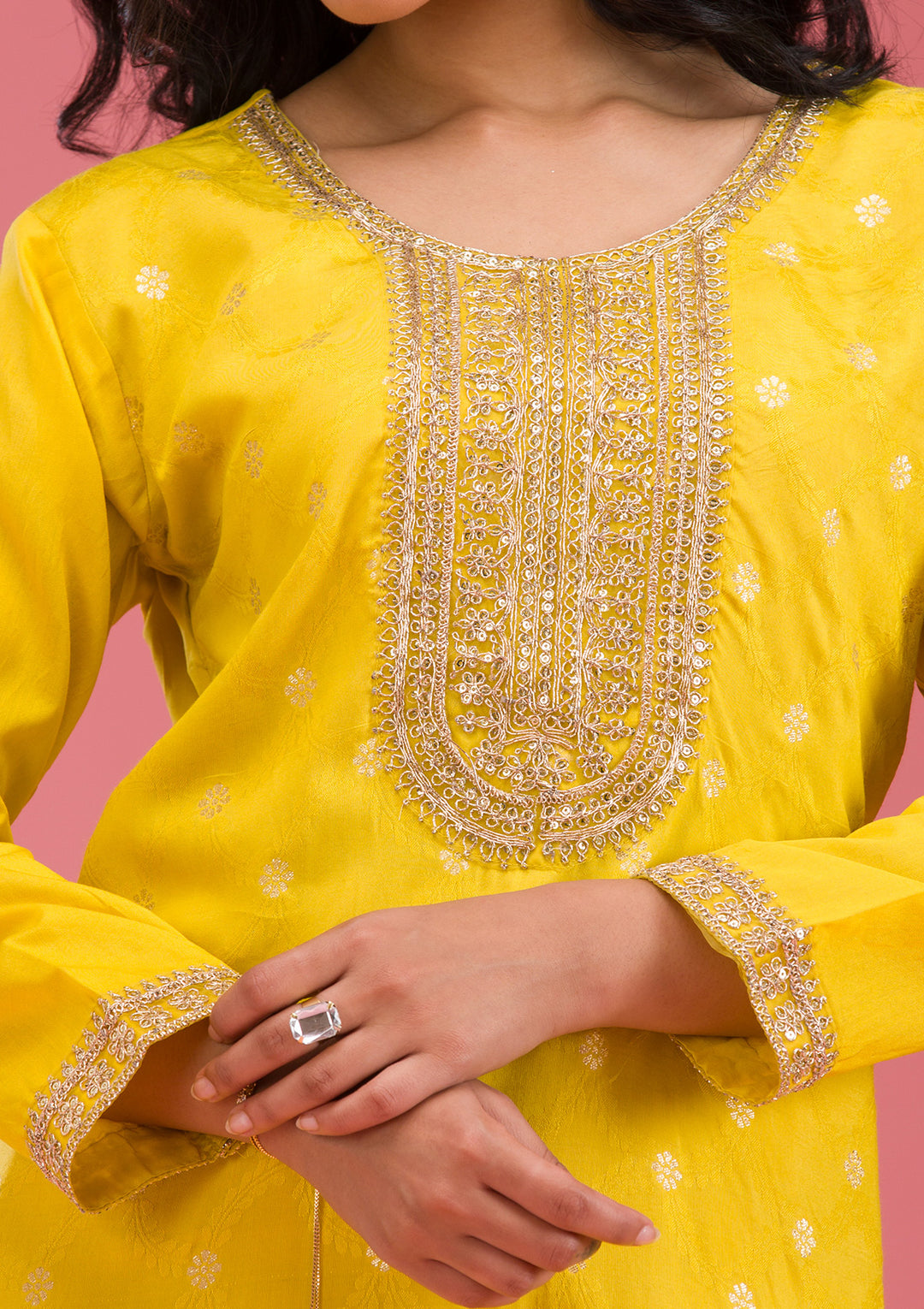 Yellow Cording Chanderi Readymade Salwar Suit