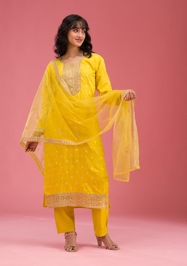 Yellow Cording Chanderi Readymade Salwar Suit