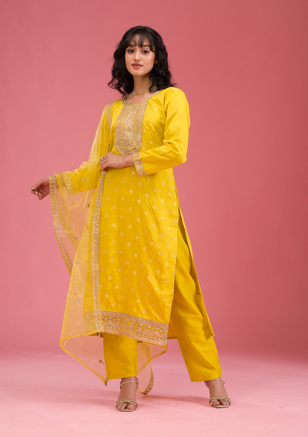 Yellow Cording Chanderi Readymade Salwar Suit