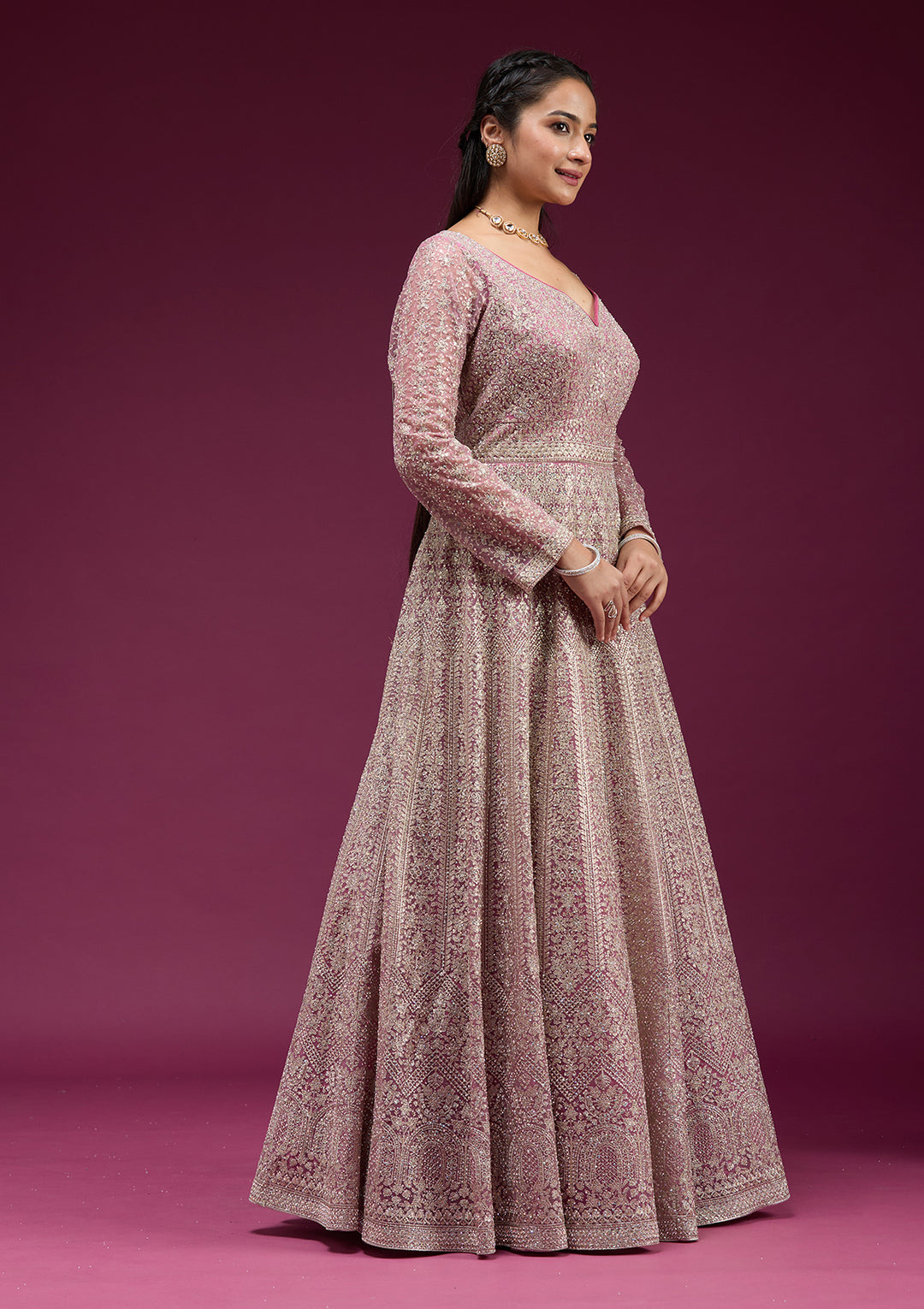 Pink Zariwork (Gold) Net Readymade Anarkali Suit