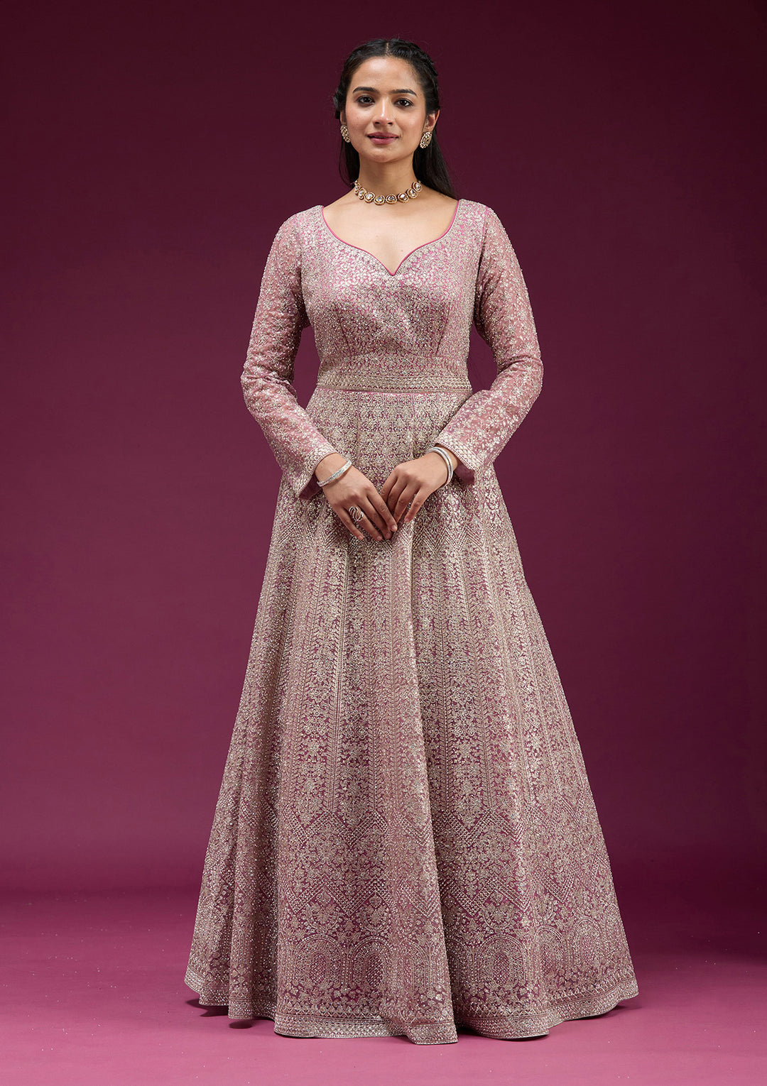 Pink Zariwork (Gold) Net Readymade Anarkali Suit