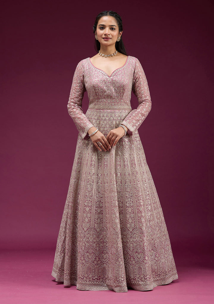 Pink Zariwork (Gold) Net Readymade Anarkali Suit
