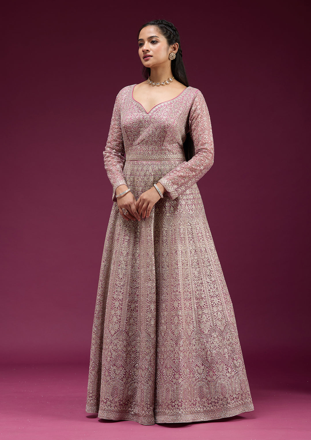 Pink Zariwork (Gold) Net Readymade Anarkali Suit