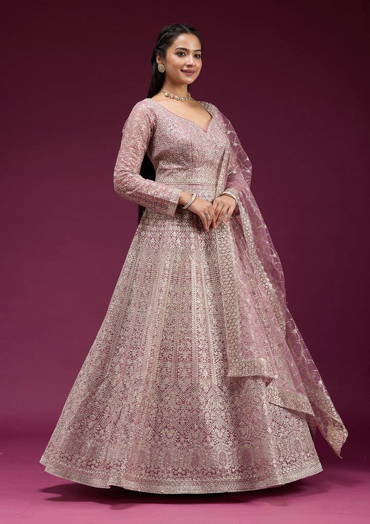 Pink Zariwork (Gold) Net Readymade Anarkali Suit