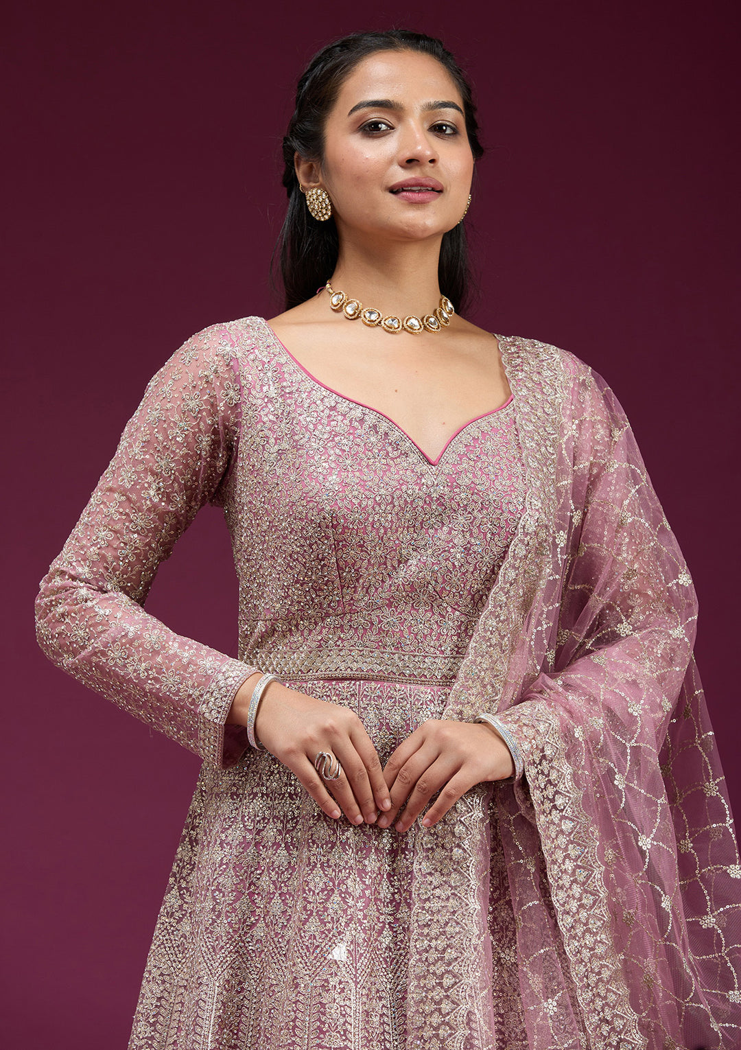 Pink Zariwork (Gold) Net Readymade Anarkali Suit