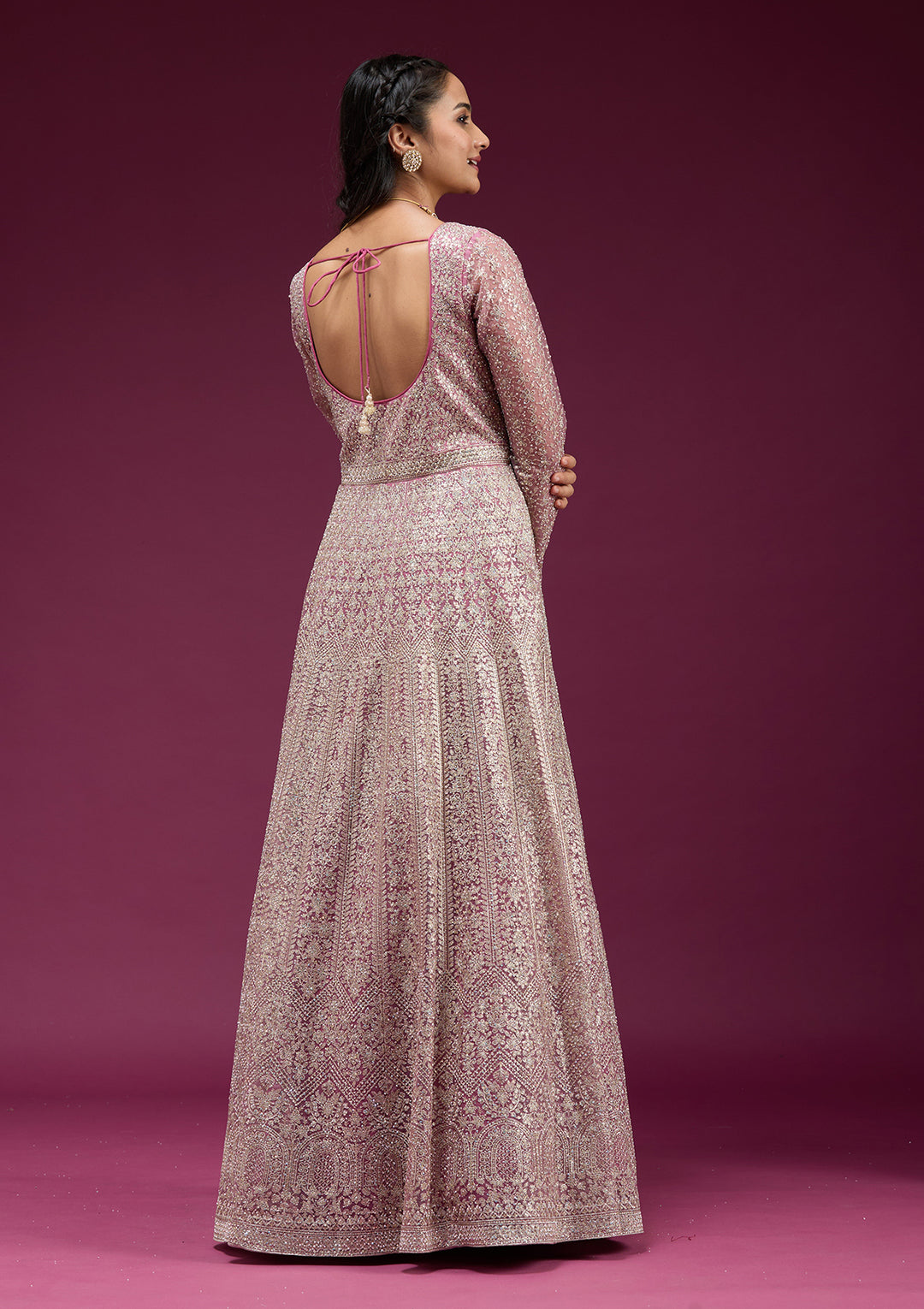 Pink Zariwork (Gold) Net Readymade Anarkali Suit