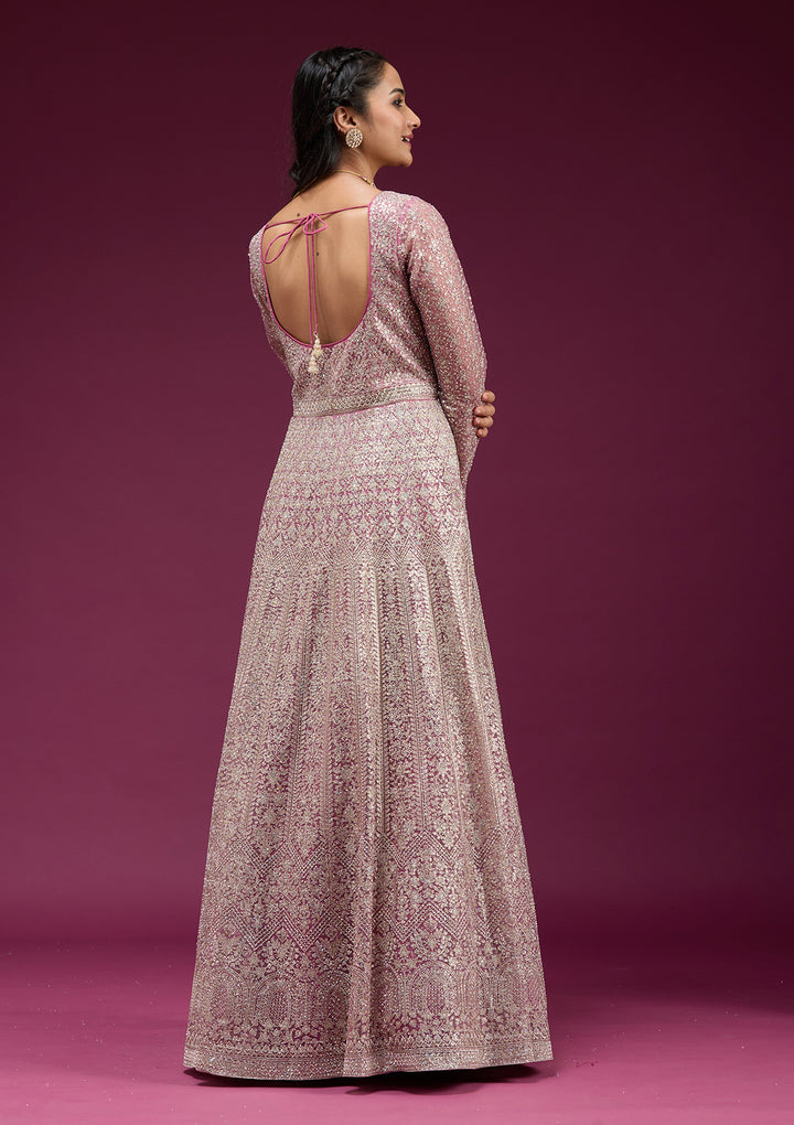 Pink Zariwork (Gold) Net Readymade Anarkali Suit