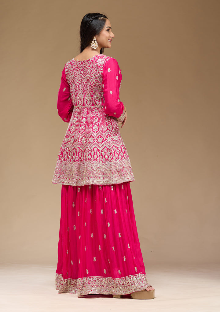 Rani Pink Zariwork (Gold) Chinon Readymade Salwar Suit