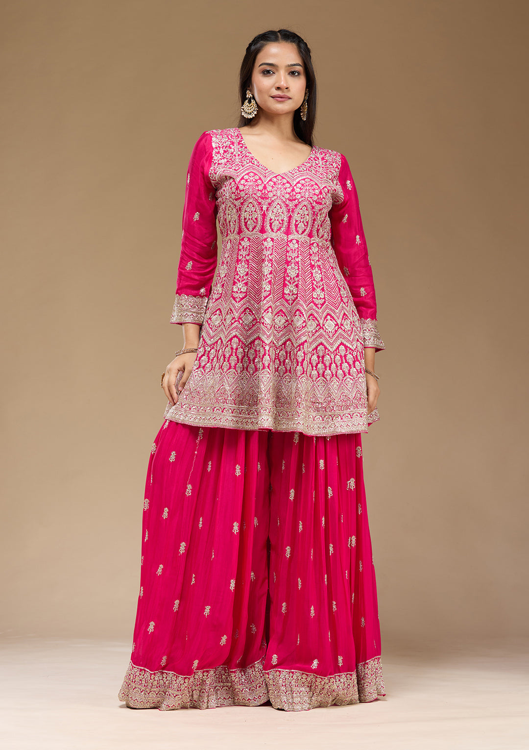 Rani Pink Zariwork (Gold) Chinon Readymade Salwar Suit