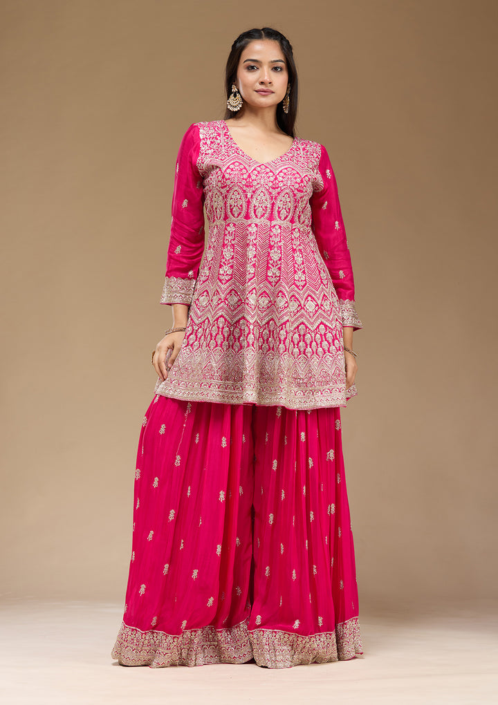 Rani Pink Zariwork (Gold) Chinon Readymade Salwar Suit
