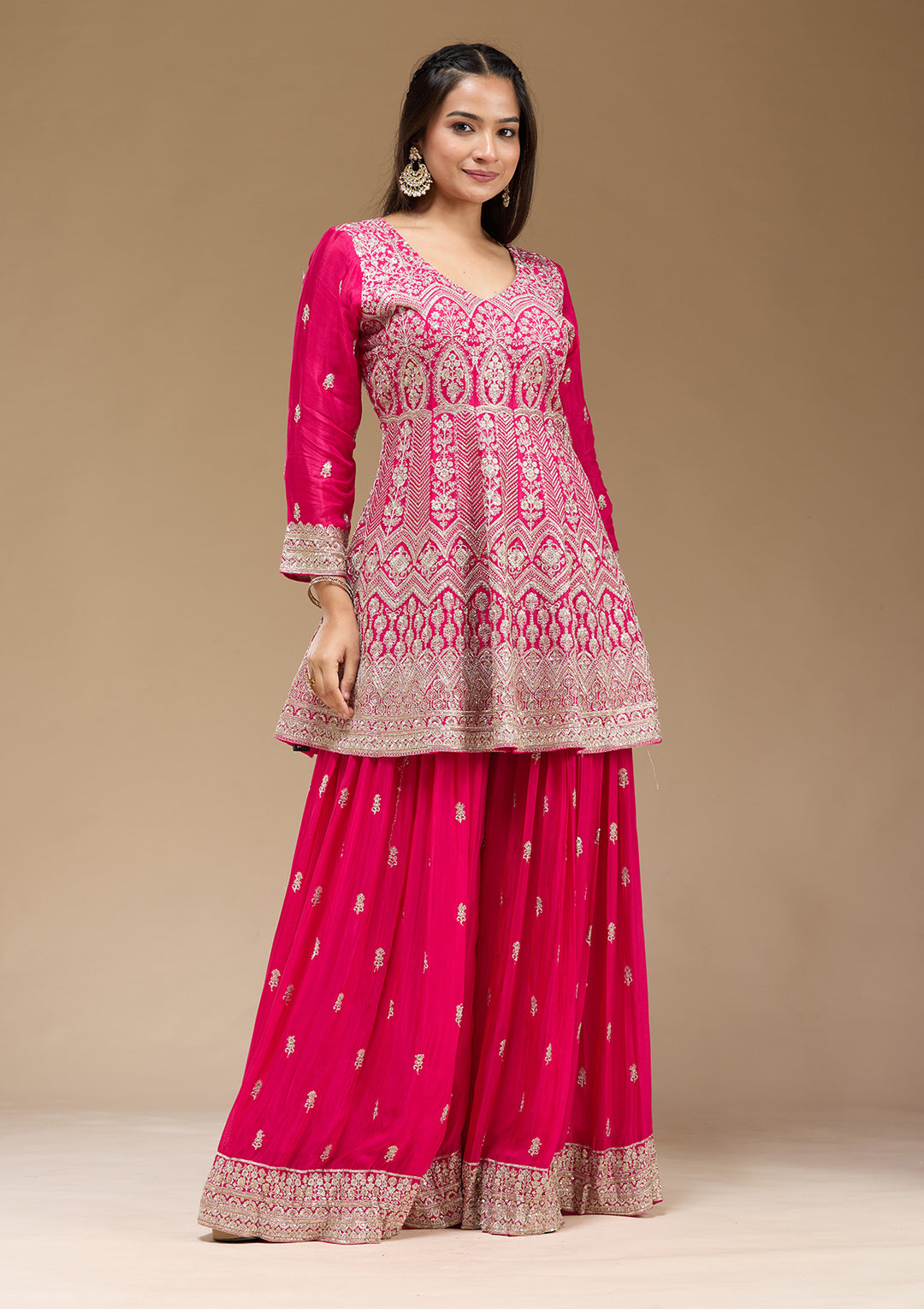 Rani Pink Zariwork (Gold) Chinon Readymade Salwar Suit