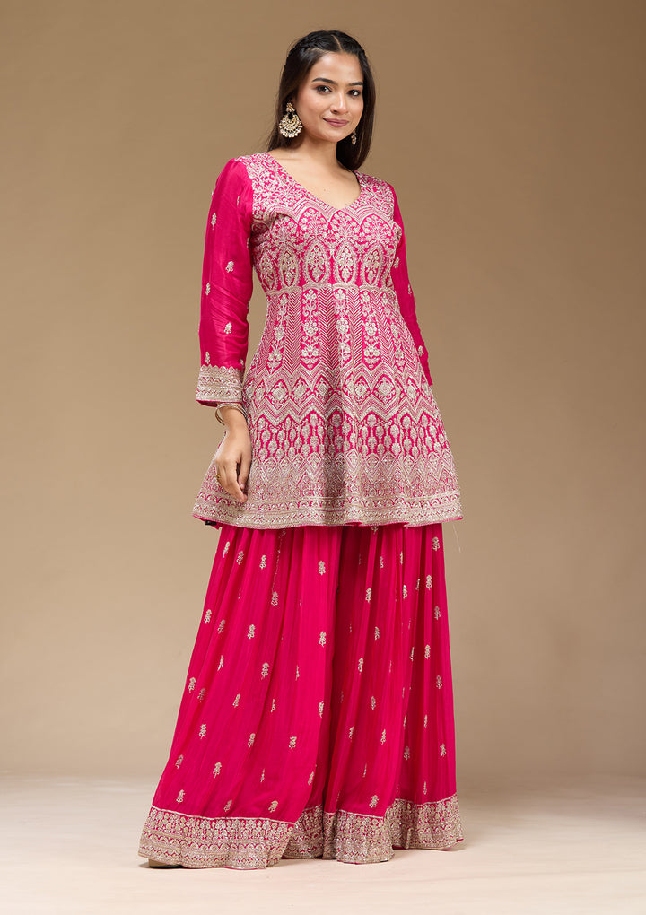 Rani Pink Zariwork (Gold) Chinon Readymade Salwar Suit