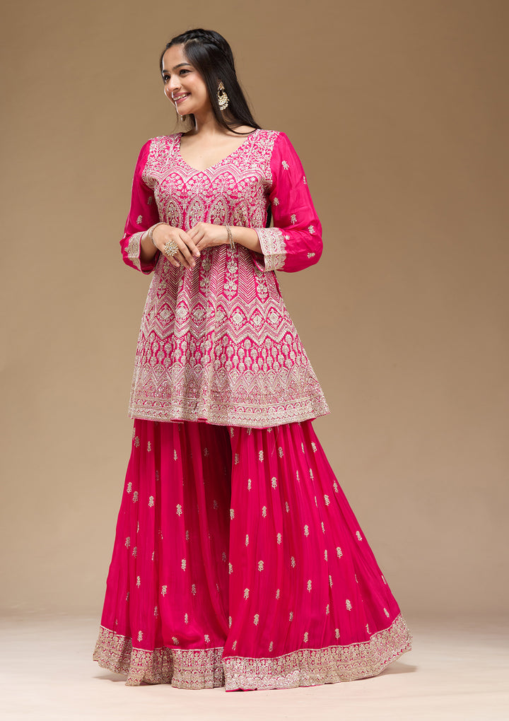 Rani Pink Zariwork (Gold) Chinon Readymade Salwar Suit