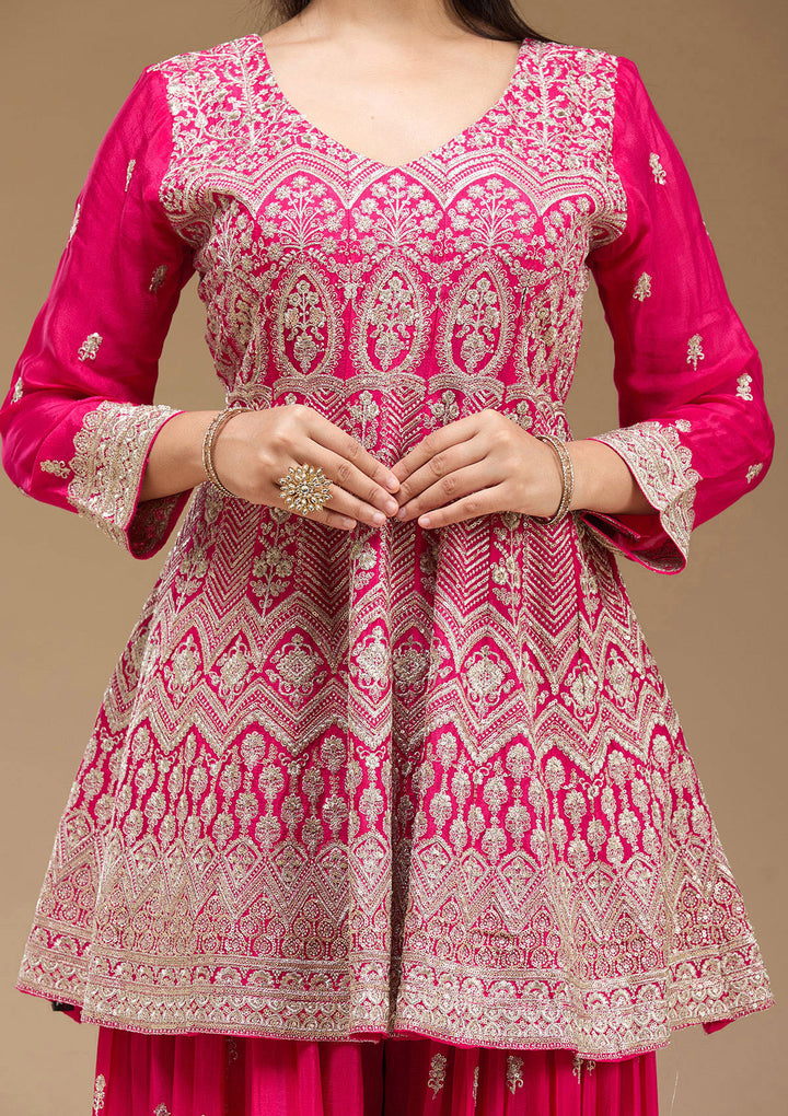 Rani Pink Zariwork (Gold) Chinon Readymade Salwar Suit