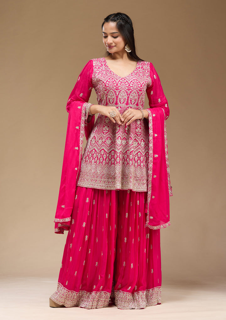 Rani Pink Zariwork (Gold) Chinon Readymade Salwar Suit