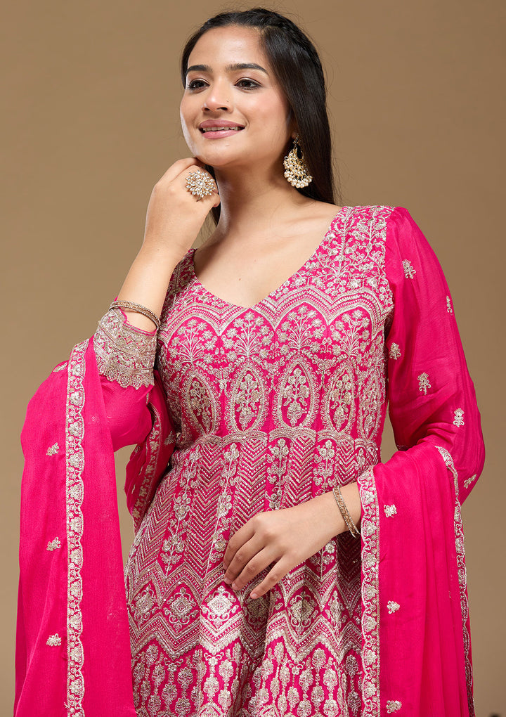 Rani Pink Zariwork (Gold) Chinon Readymade Salwar Suit