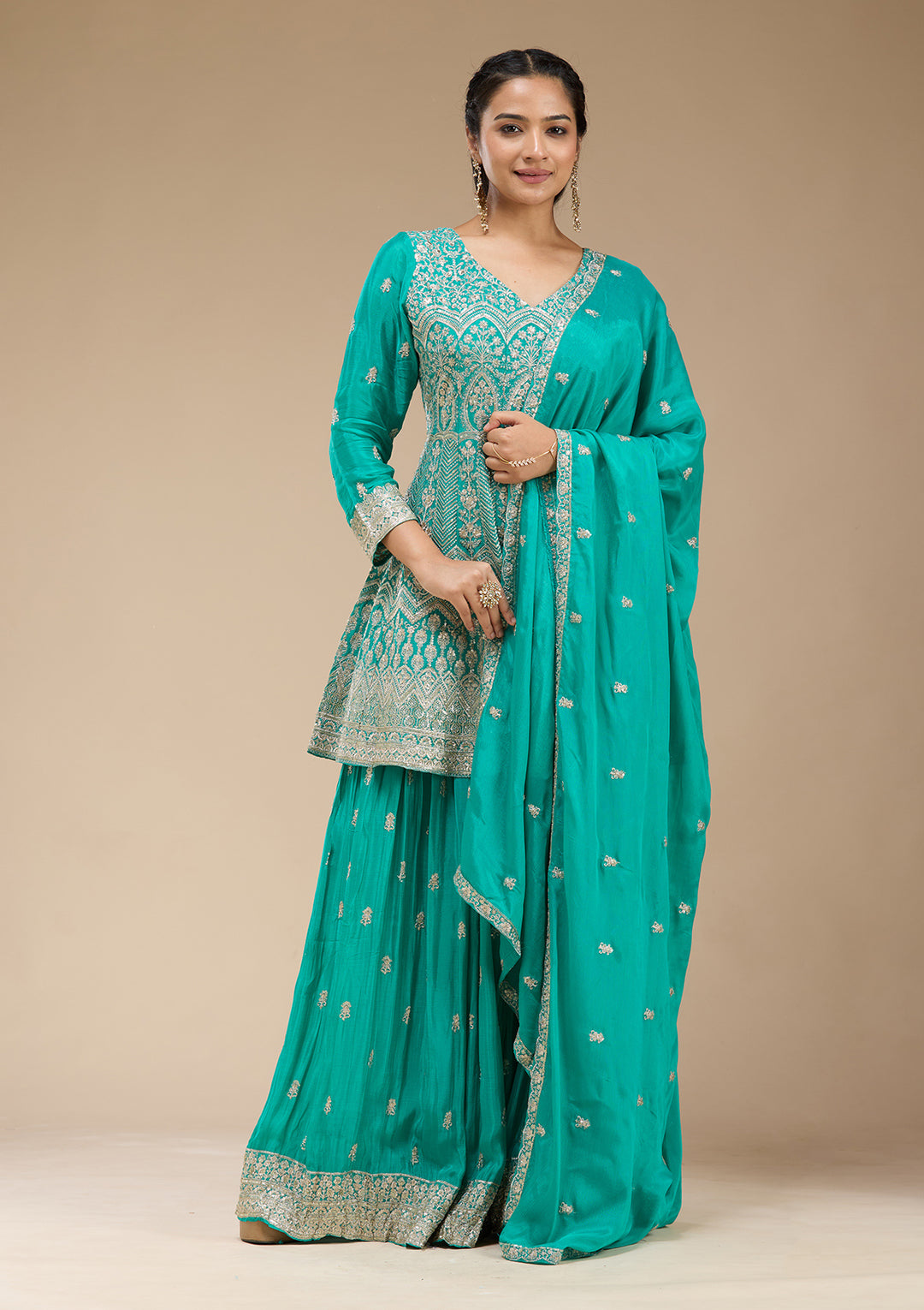Sea Green Zariwork (Gold) Chinon Readymade Salwar Suit
