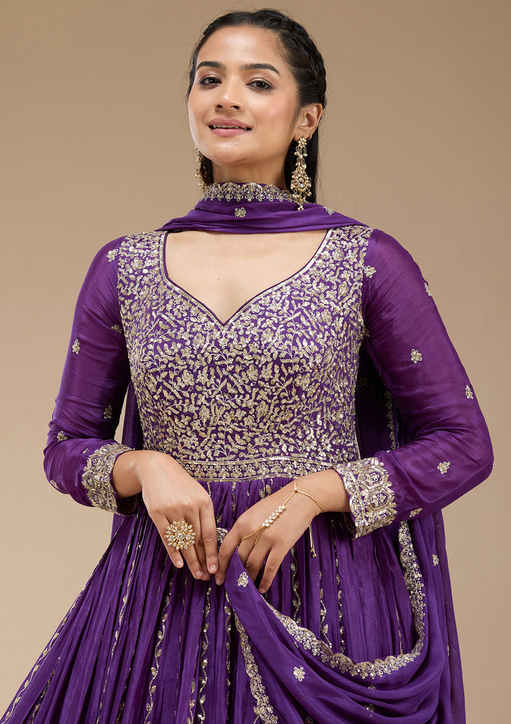 Purple Sequins Crepe Readymade Salwar Suit