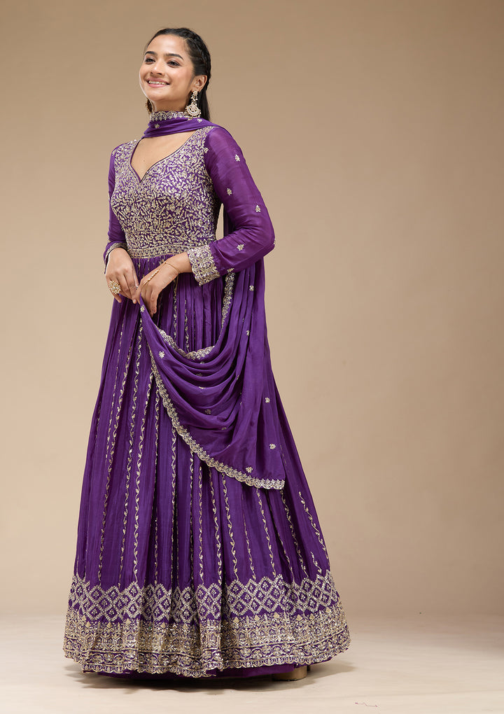 Purple Sequins Crepe Readymade Salwar Suit