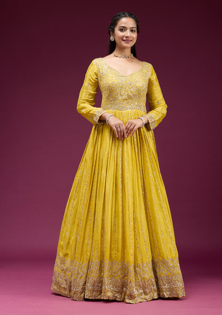 Yellow Sequins Crepe Readymade Salwar Suit