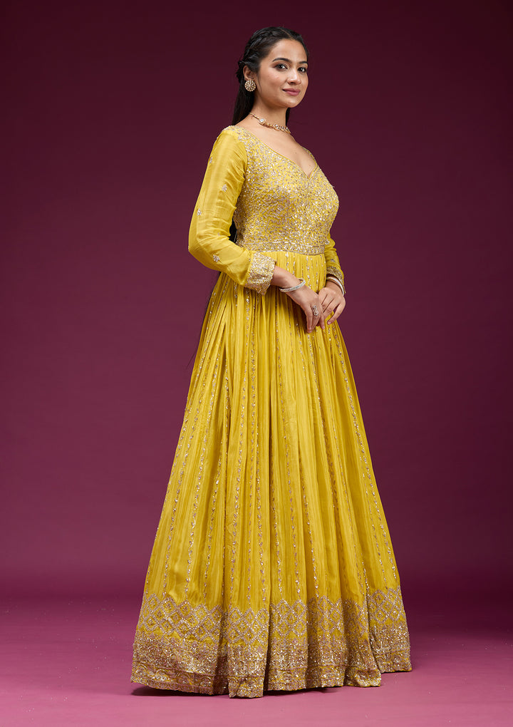 Yellow Sequins Crepe Readymade Salwar Suit