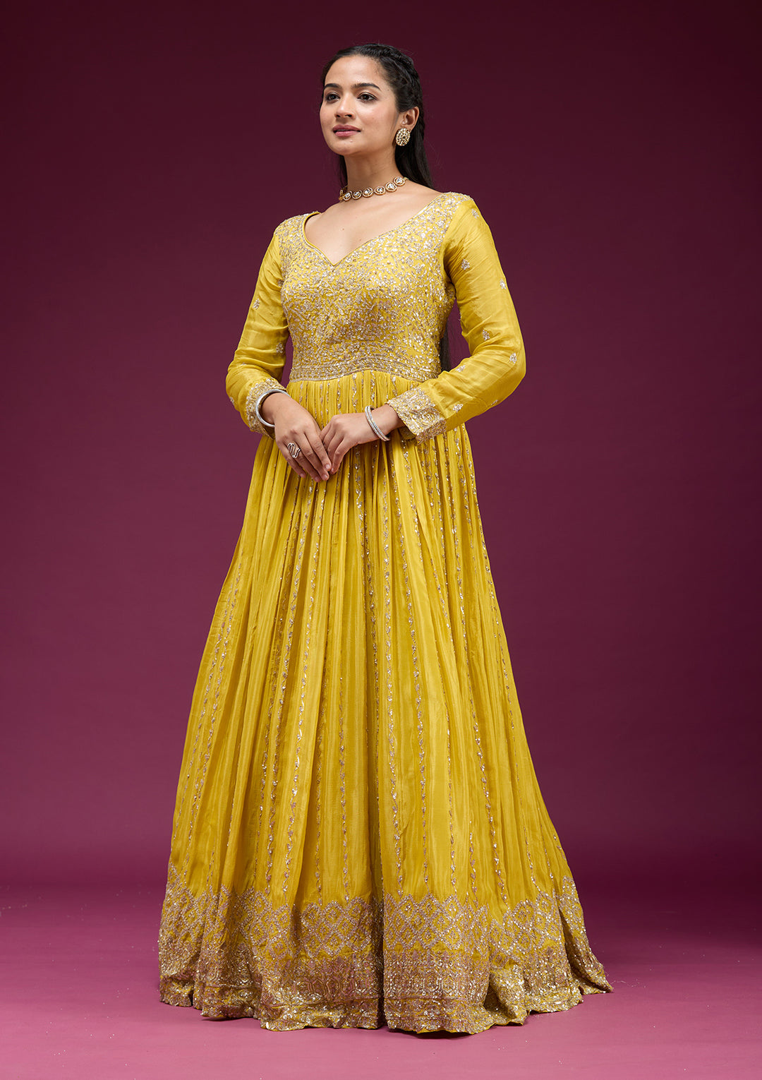 Yellow Sequins Crepe Readymade Salwar Suit