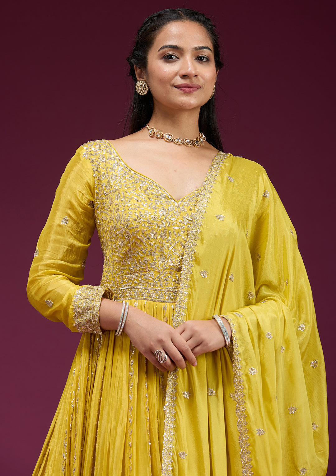 Yellow Sequins Crepe Readymade Salwar Suit