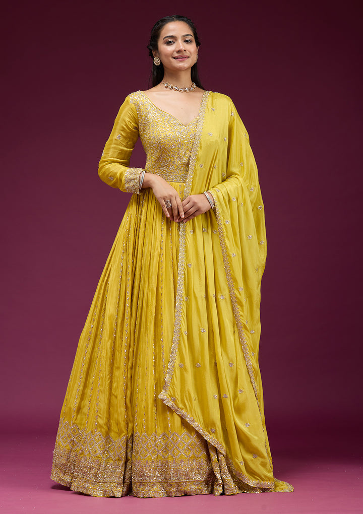 Yellow Sequins Crepe Readymade Salwar Suit