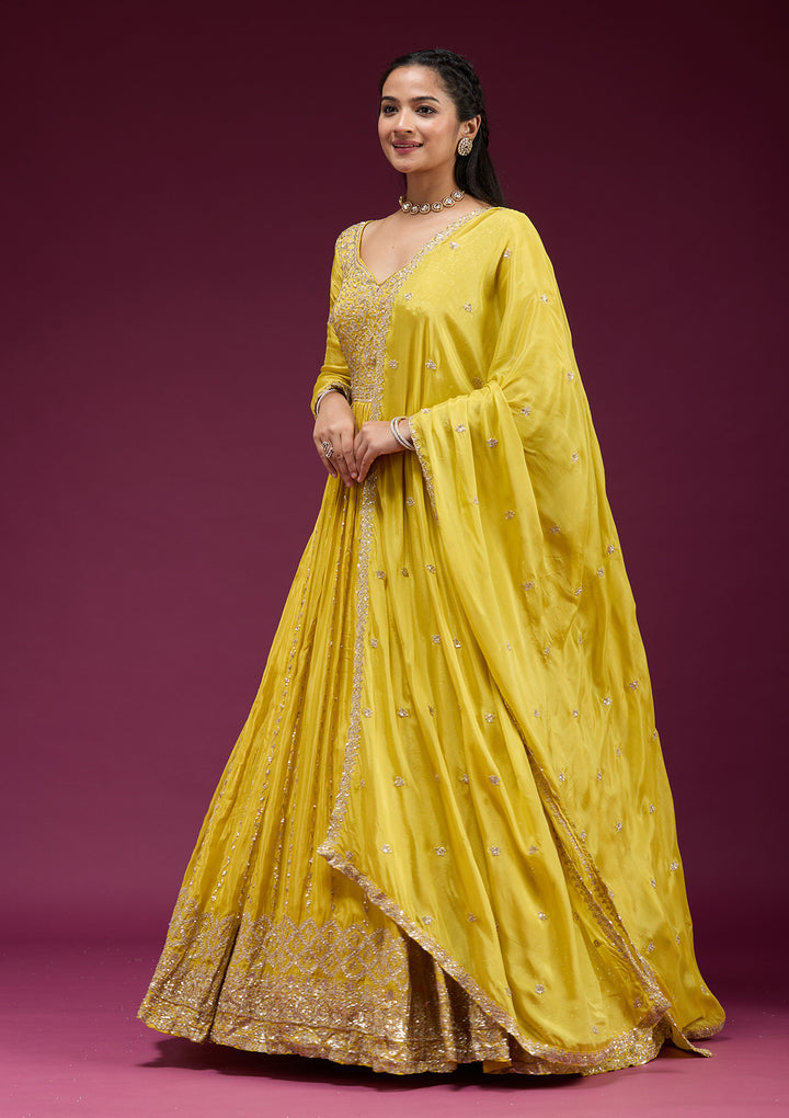 Yellow Sequins Crepe Readymade Salwar Suit