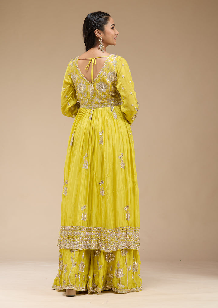 Lemon Yellow Sequins Soft Raw Silk Readymade Salwar Suit