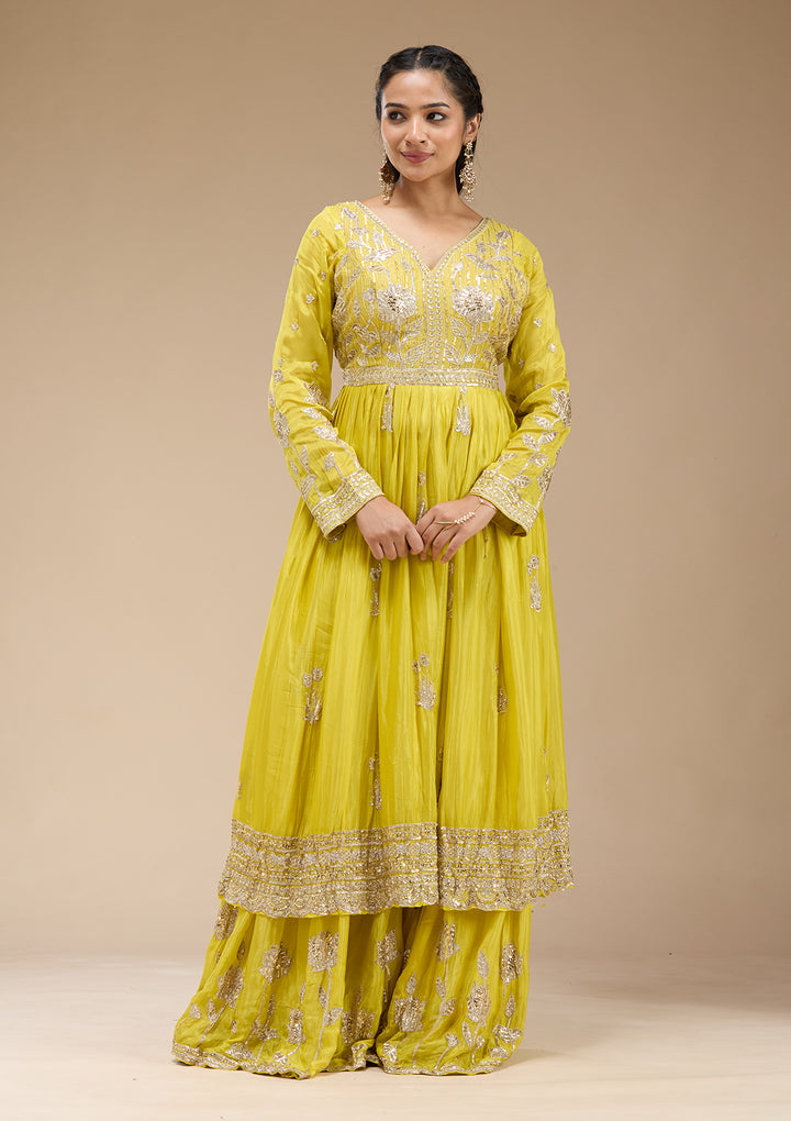 Lemon Yellow Sequins Soft Raw Silk Readymade Salwar Suit