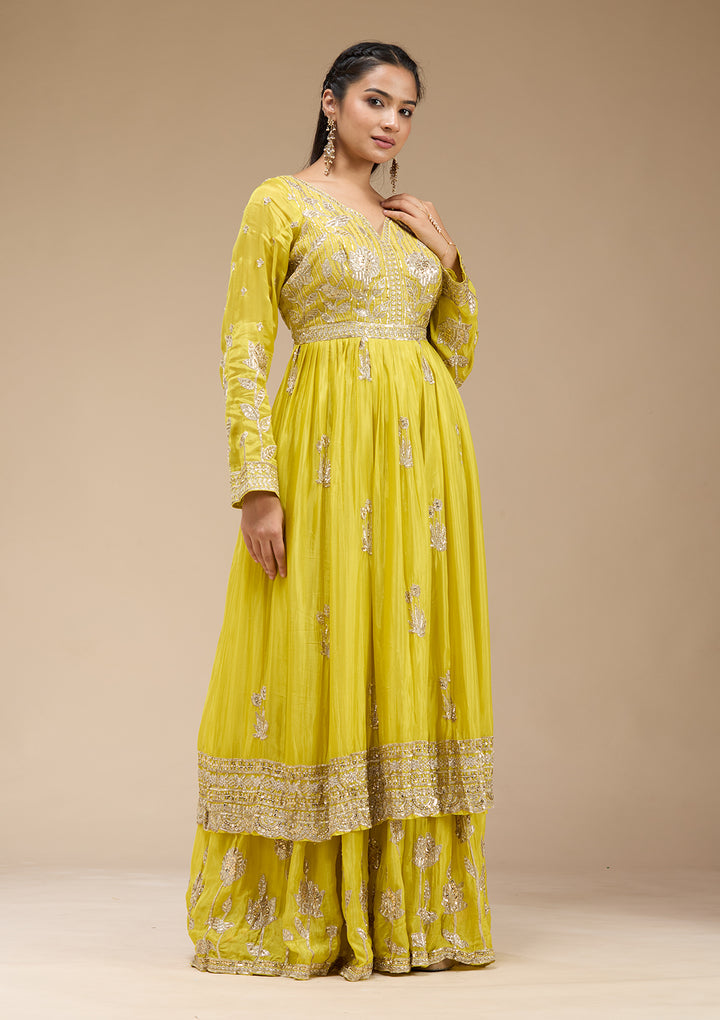 Lemon Yellow Sequins Soft Raw Silk Readymade Salwar Suit