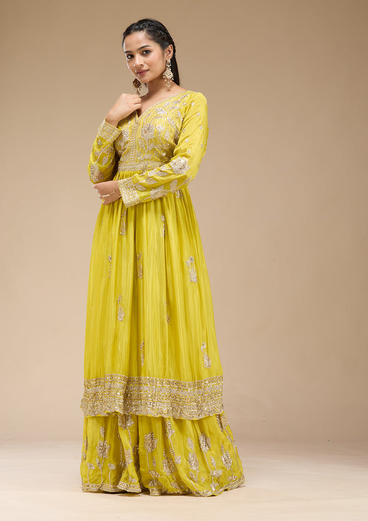 Lemon Yellow Sequins Soft Raw Silk Readymade Salwar Suit