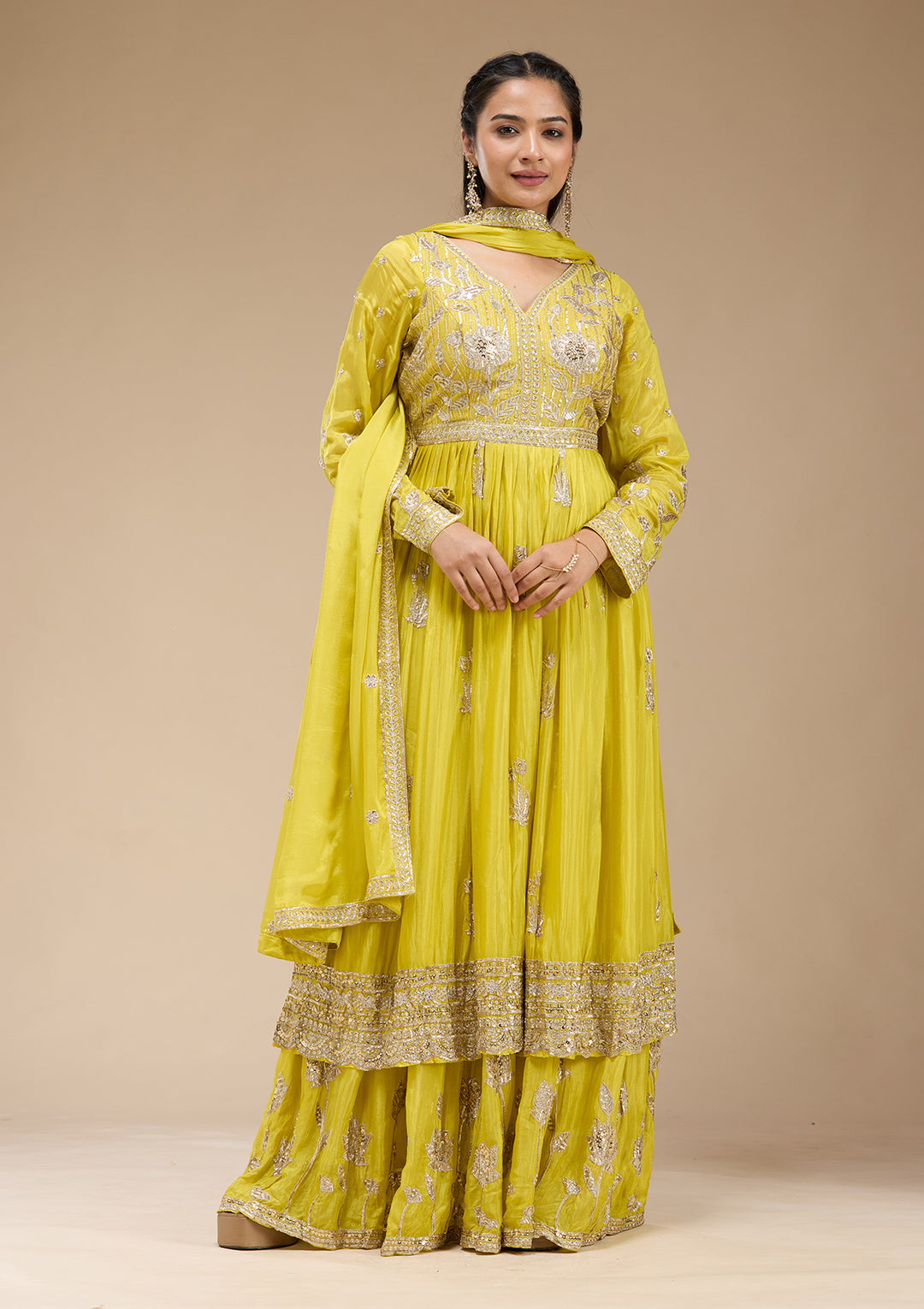 Lemon Yellow Sequins Soft Raw Silk Readymade Salwar Suit
