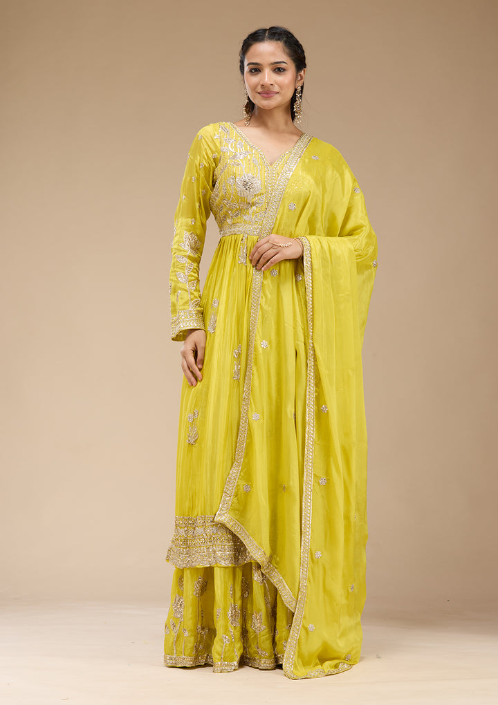 Lemon Yellow Sequins Soft Raw Silk Readymade Salwar Suit