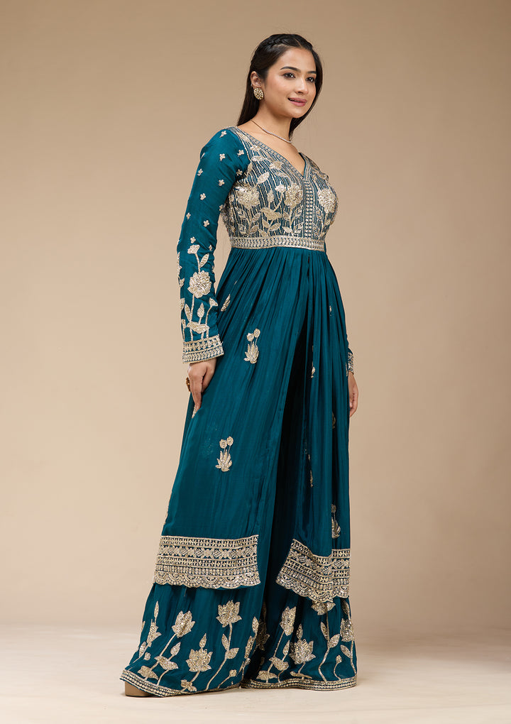 Peacock Blue Sequins Soft Raw Silk Readymade Salwar Suit