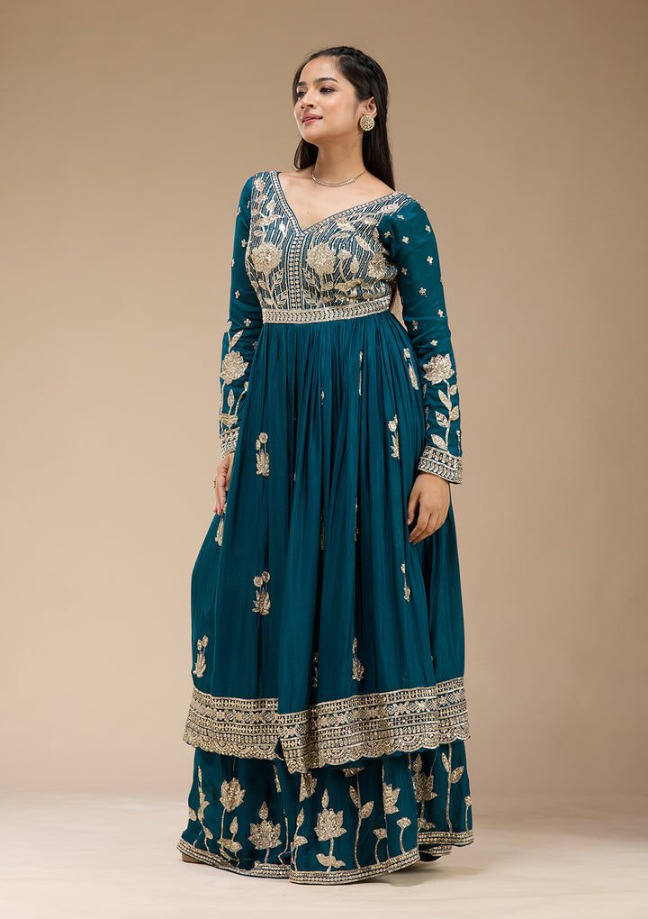 Peacock Blue Sequins Soft Raw Silk Readymade Salwar Suit