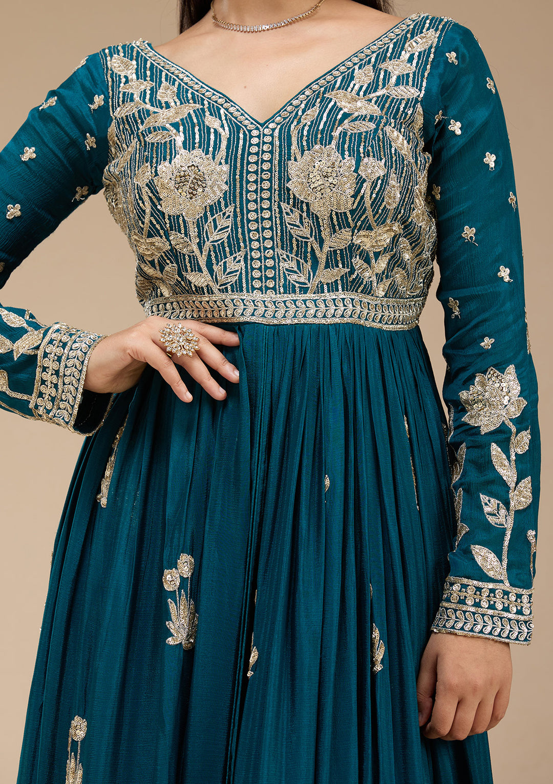 Peacock Blue Sequins Soft Raw Silk Readymade Salwar Suit