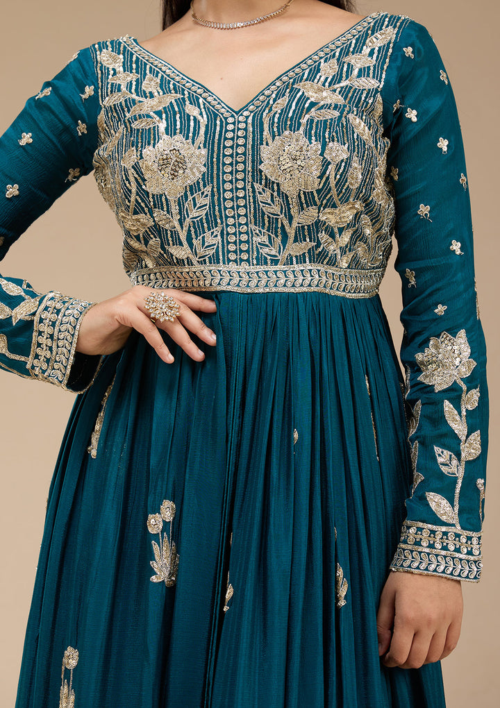 Peacock Blue Sequins Soft Raw Silk Readymade Salwar Suit