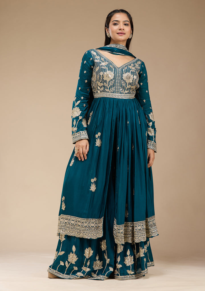 Peacock Blue Sequins Soft Raw Silk Readymade Salwar Suit