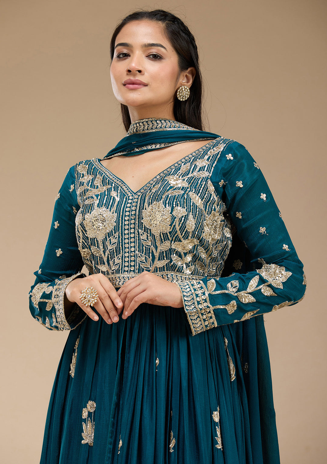 Peacock Blue Sequins Soft Raw Silk Readymade Salwar Suit