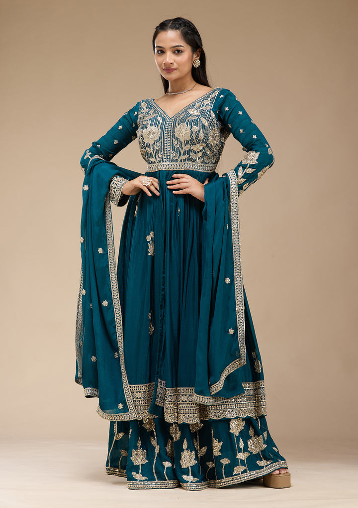 Peacock Blue Sequins Soft Raw Silk Readymade Salwar Suit