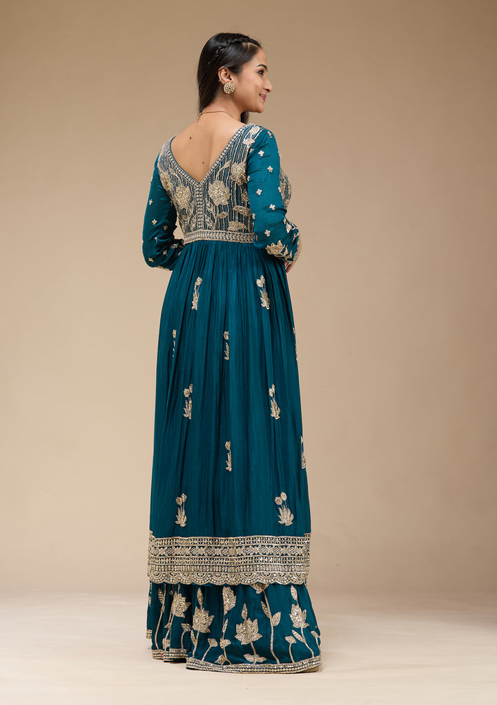 Peacock Blue Sequins Soft Raw Silk Readymade Salwar Suit
