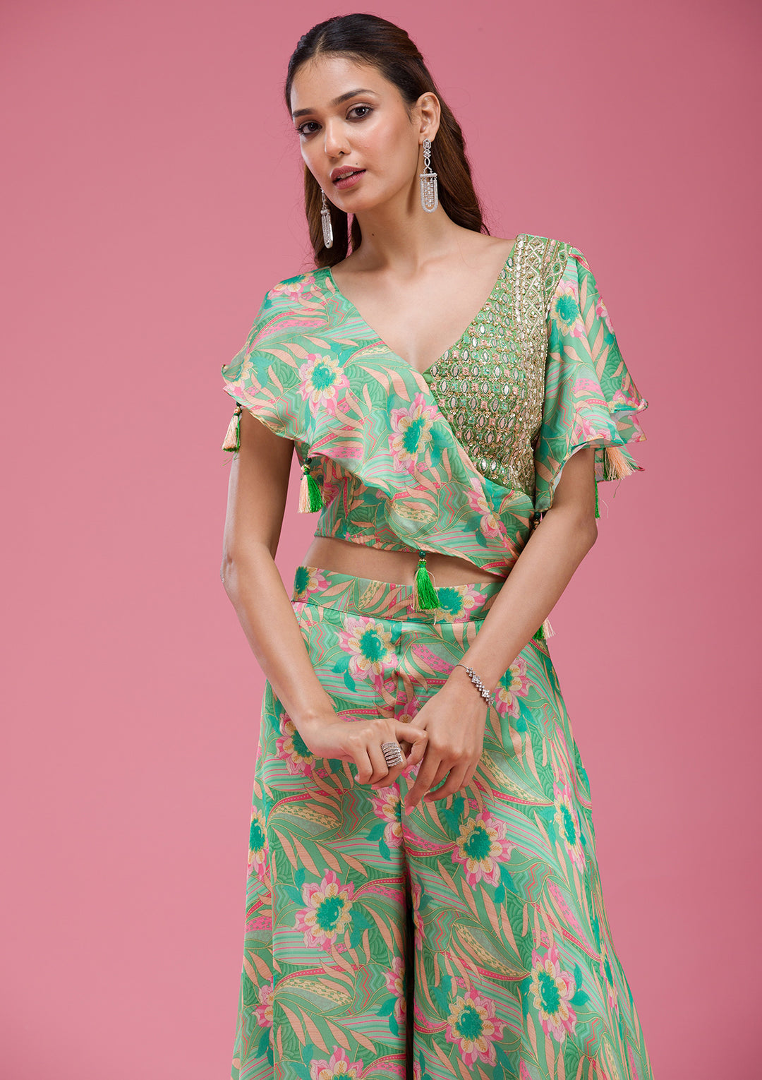 Green Mirrorwork Crepe Readymade salwar suit