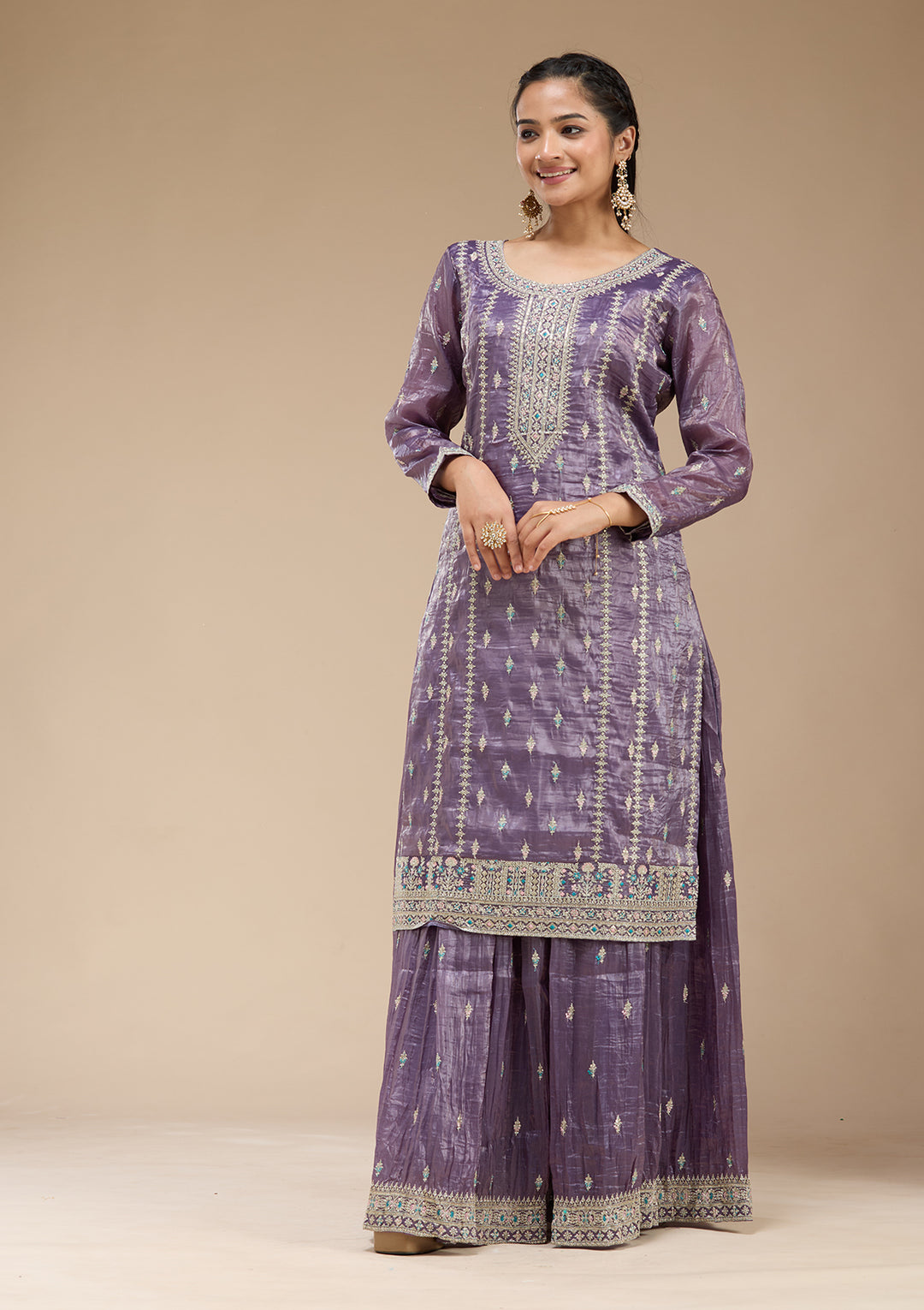 Purple Zariwork (Gold) Organza Readymade Salwar Suit