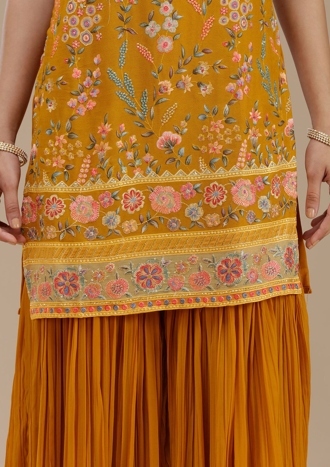 Mustard Threadwork Georgette Readymade Salwar Suit