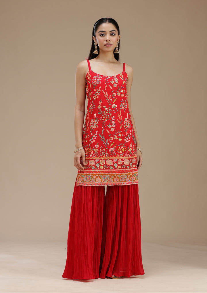 Red Threadwork Georgette Readymade Salwar Suit