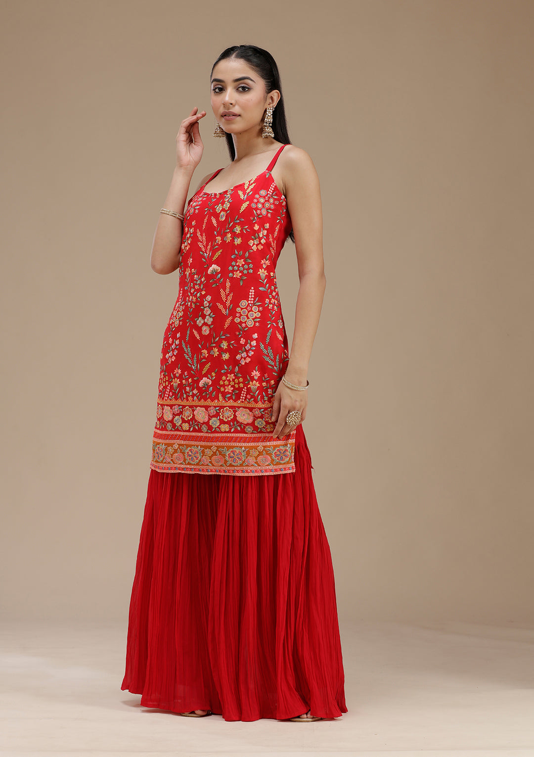 Red Threadwork Georgette Readymade Salwar Suit